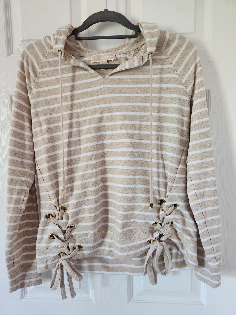 MICHAEL Michael Kors Beige and White Striped Lace-Up Hoodie